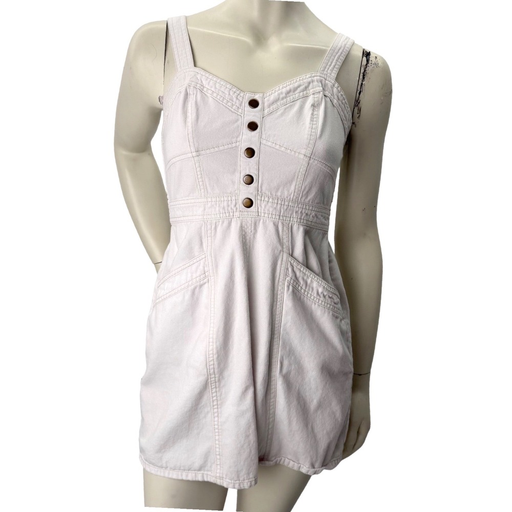 Y2K Japan Denim Dress Off White Sweetheart Neck Smocked Back‎ country Pockets M